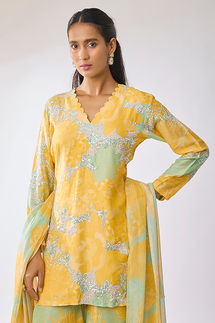 Yellow Bemberg Silk Digital Printed Wedding Sharara Set by Archana Shah at Pernia's Pop Up Shop