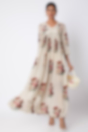 Nude Embroidered & Printed Maxi Dress by Archana Shah