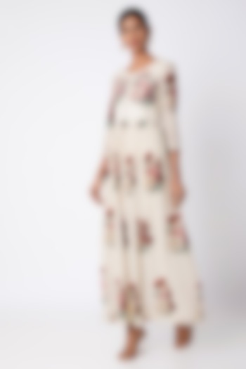 Nude Embroidered & Printed Maxi Dress With Centre Slit by Archana Shah