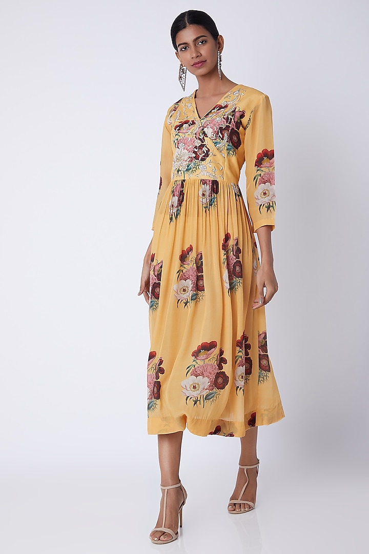 Yellow Embellished & Floral Printed Tunic by Archana Shah