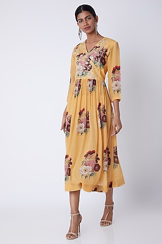 Yellow Embellished & Floral Printed Tunic by Archana Shah