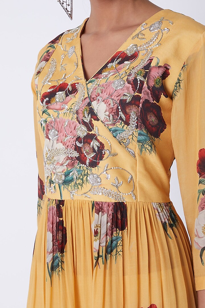Yellow Embellished & Floral Printed Tunic by Archana Shah at Pernia's Pop Up Shop