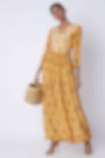 Yellow Embroidered & Printed Maxi Dress by Archana Shah