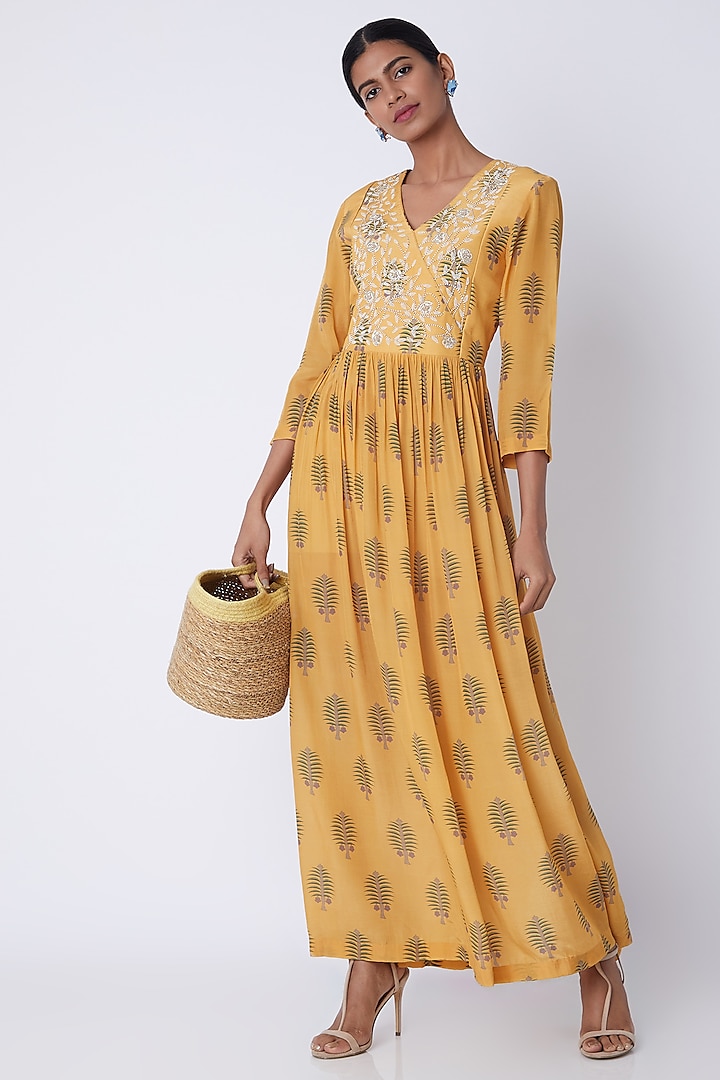 Yellow Embroidered & Printed Maxi Dress by Archana Shah