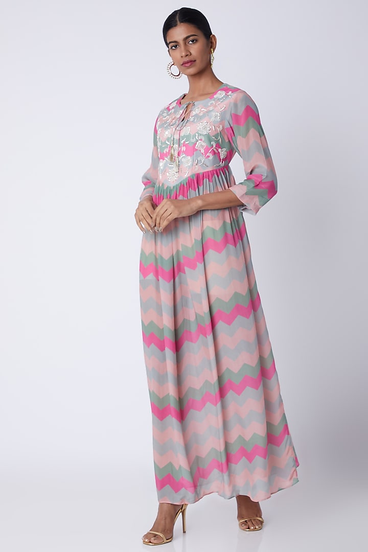 Peach Embellished & Printed Maxi Dress by Archana Shah