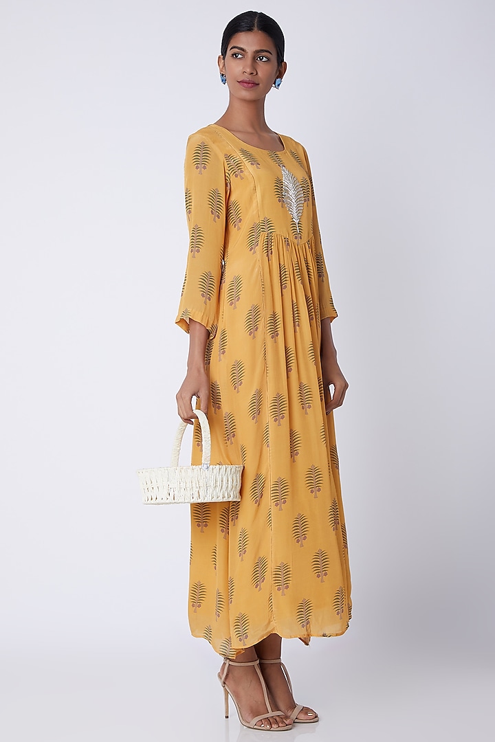 Yellow Embellished & Floral Print Tunic by Archana Shah