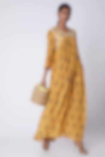 Yellow Embellished & Printed Maxi Dress by Archana Shah