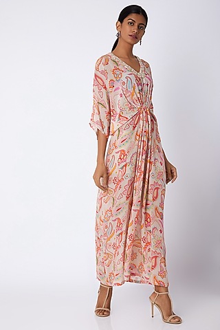 White Embellished & Printed Kaftan Dress by Archana Shah