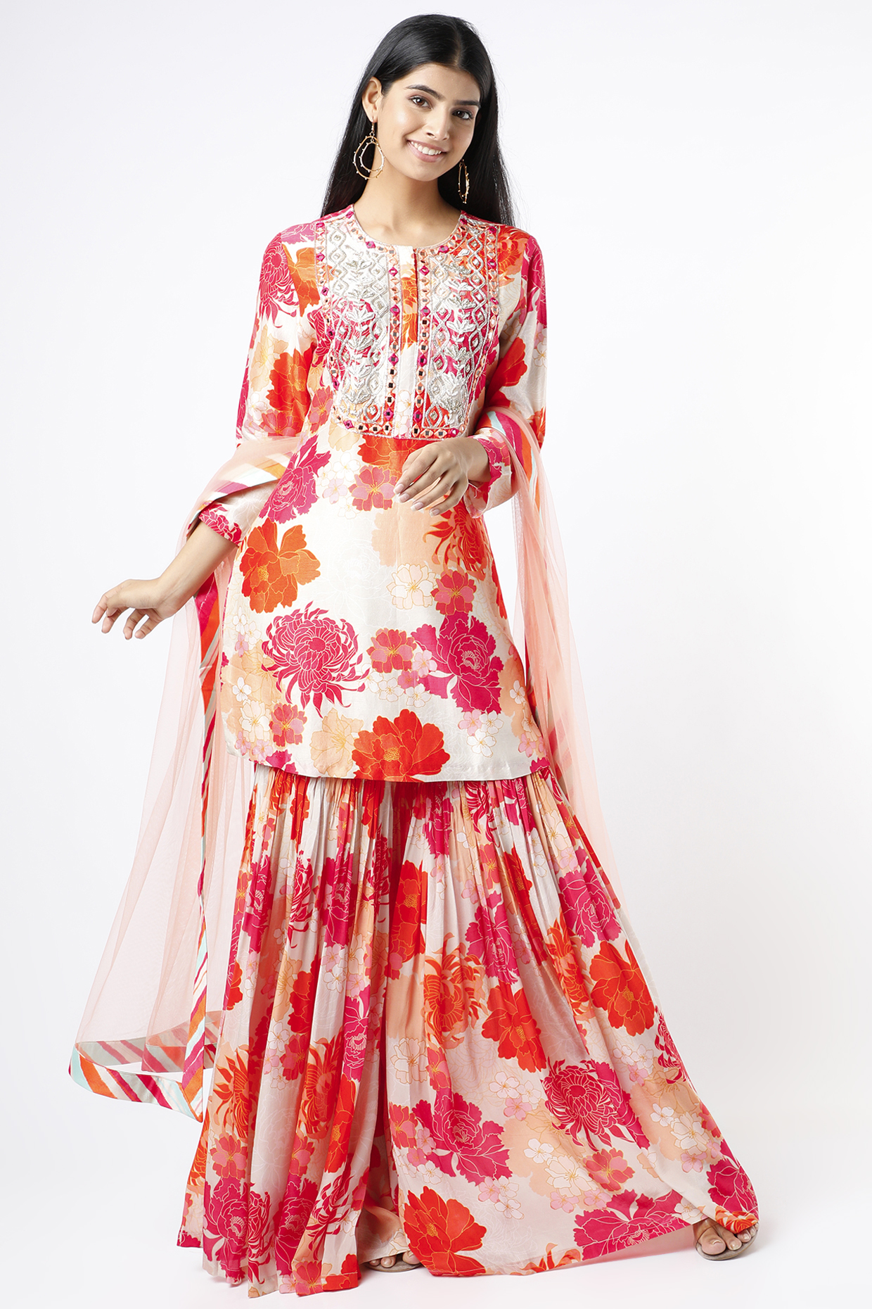 Orange Silk & Crepe Floral Printed Gharara Set by Archana Shah at Pernia's Pop Up Shop
