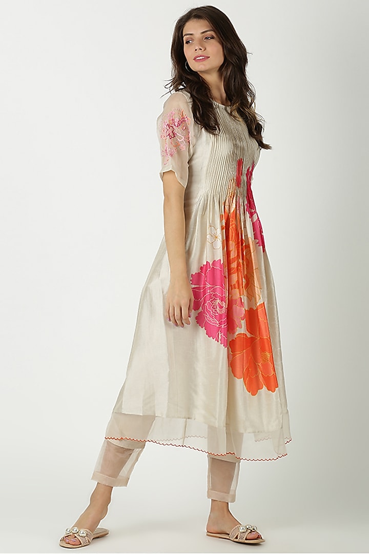 Ivory Printed & Embroidered Tunic by Archana Shah