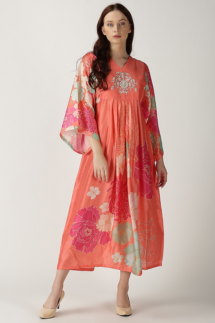 Orange Printed Embroidered Maxi Dress by Archana Shah