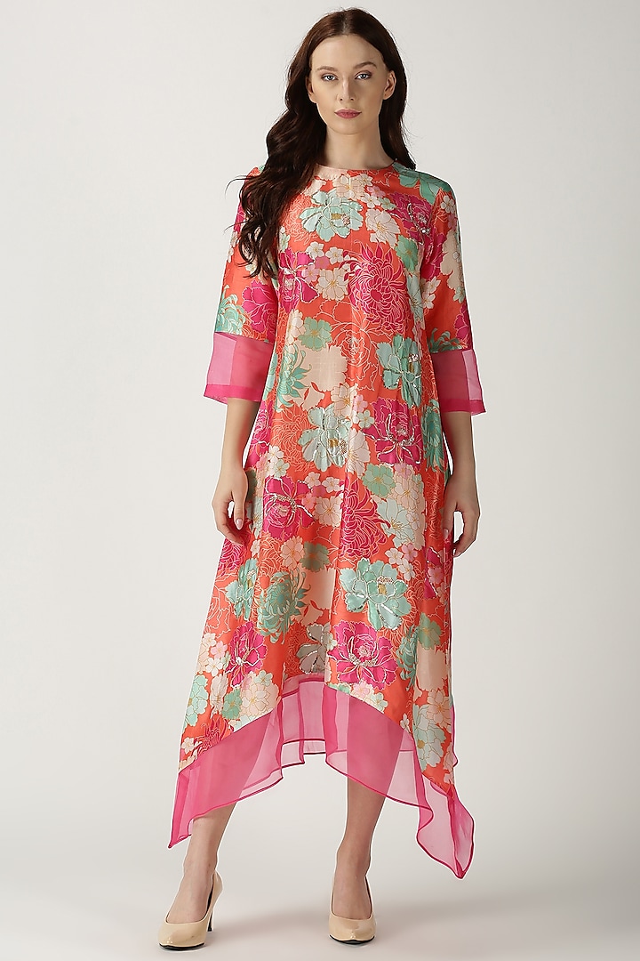 Orange Printed & Embroidered Tunic by Archana Shah