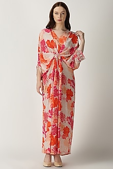 White Printed & Embroidered Kaftan by Archana Shah-KAFTANS