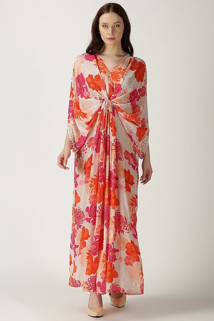 White Printed & Embroidered Kaftan by Archana Shah at Pernia's Pop Up Shop