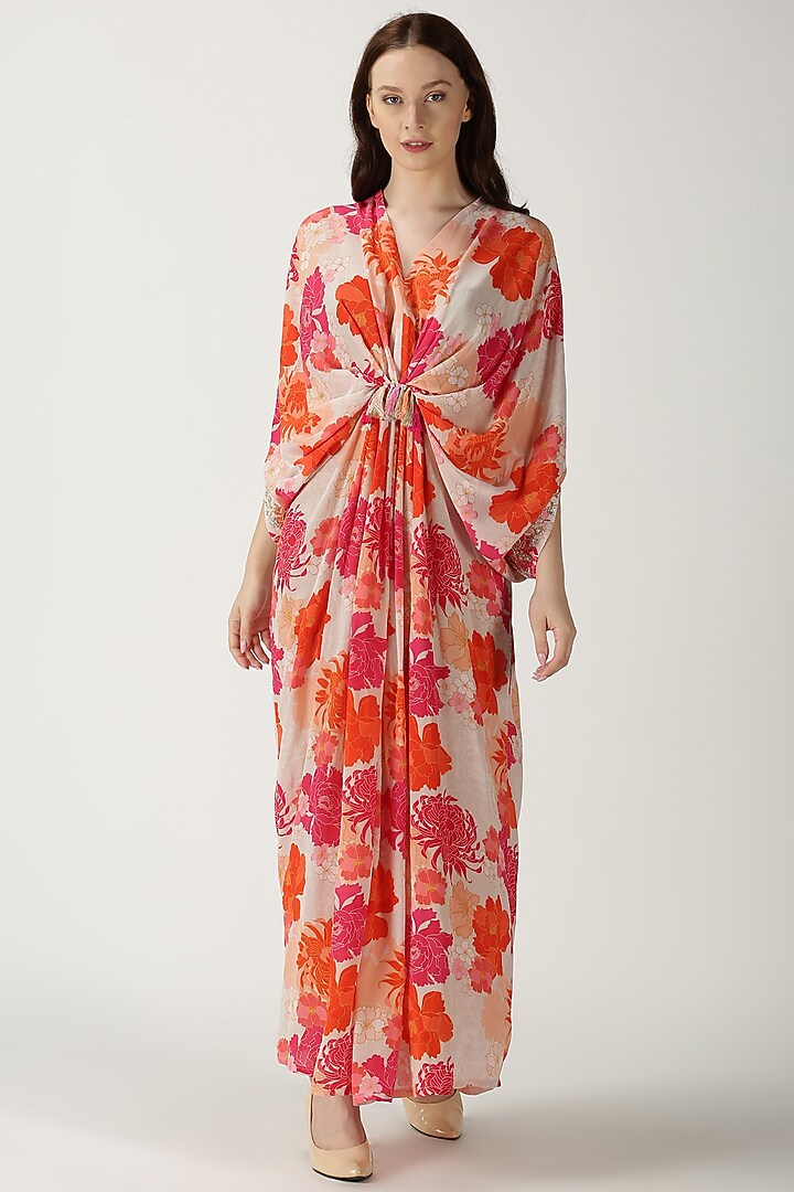 White Printed & Embroidered Kaftan by Archana Shah at Pernia's Pop Up Shop