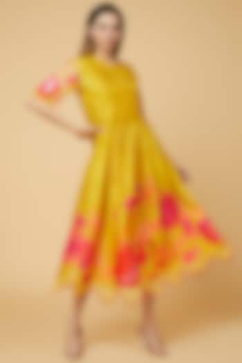 Yellow Silk Printed Dress by Archana Shah