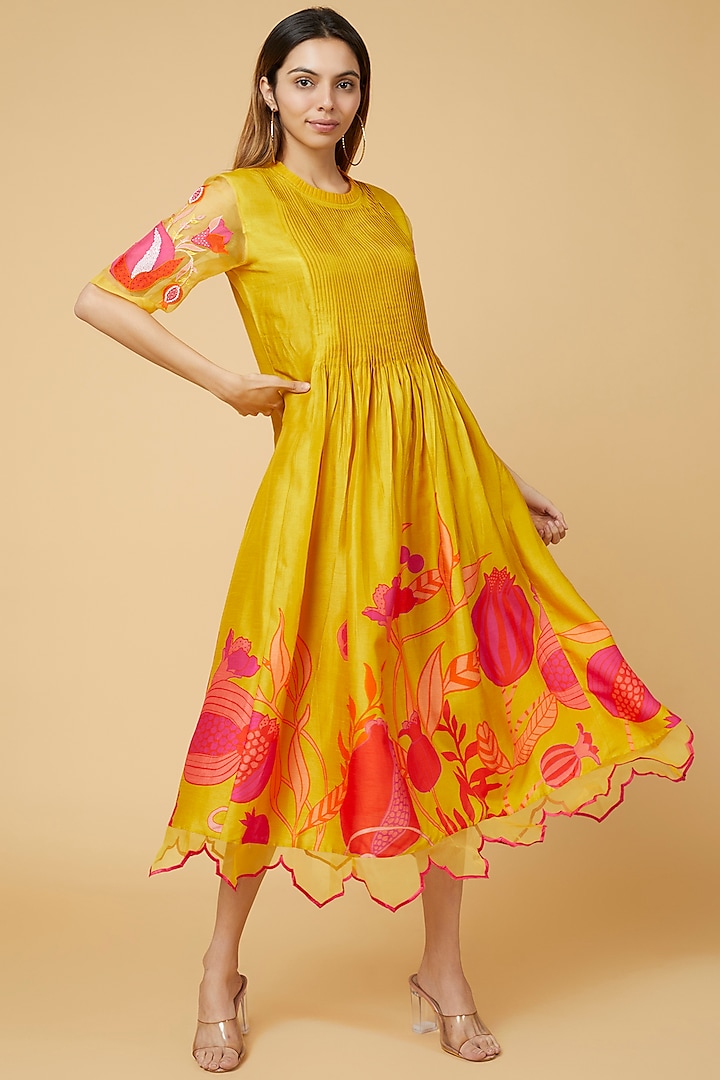 Yellow Silk Printed Dress by Archana Shah