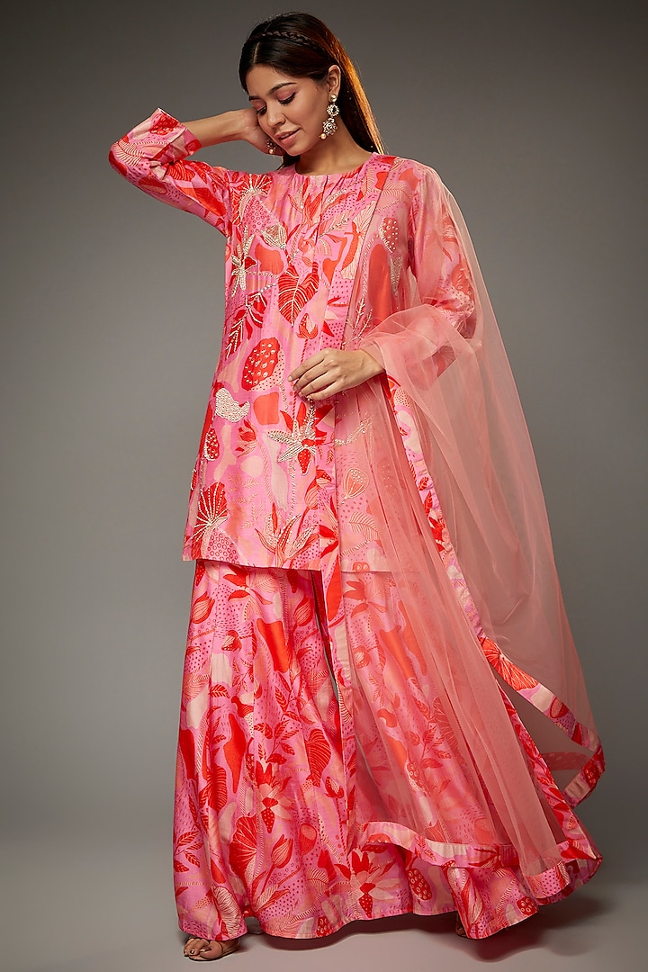 Fuschia Pink Floral Printed Sharara Set by Archana Shah