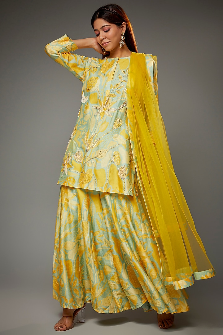 Yellow Floral Printed Sharara Set by Archana Shah