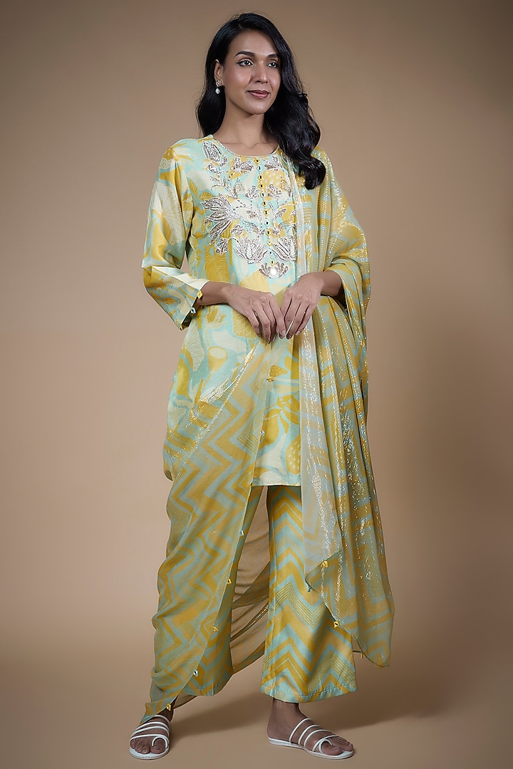 Multi-Colored Silk Printed & Embroidered Kurta Set by Archana Shah