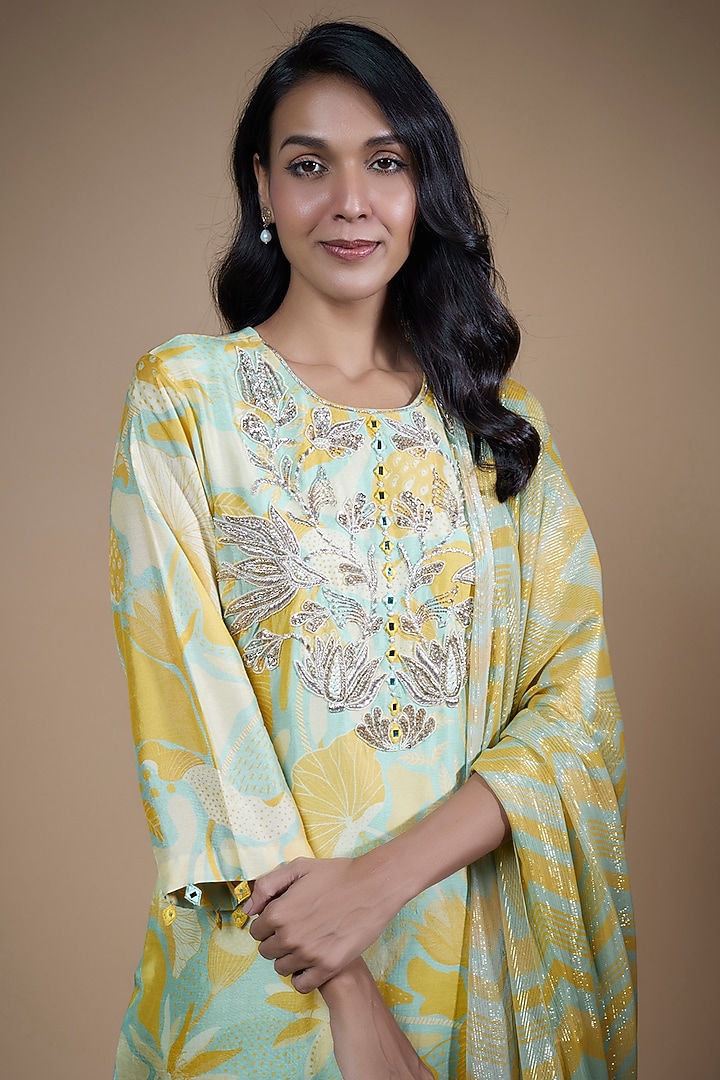Multi-Colored Silk Printed & Embroidered Kurta Set by Archana Shah at Pernia's Pop Up Shop