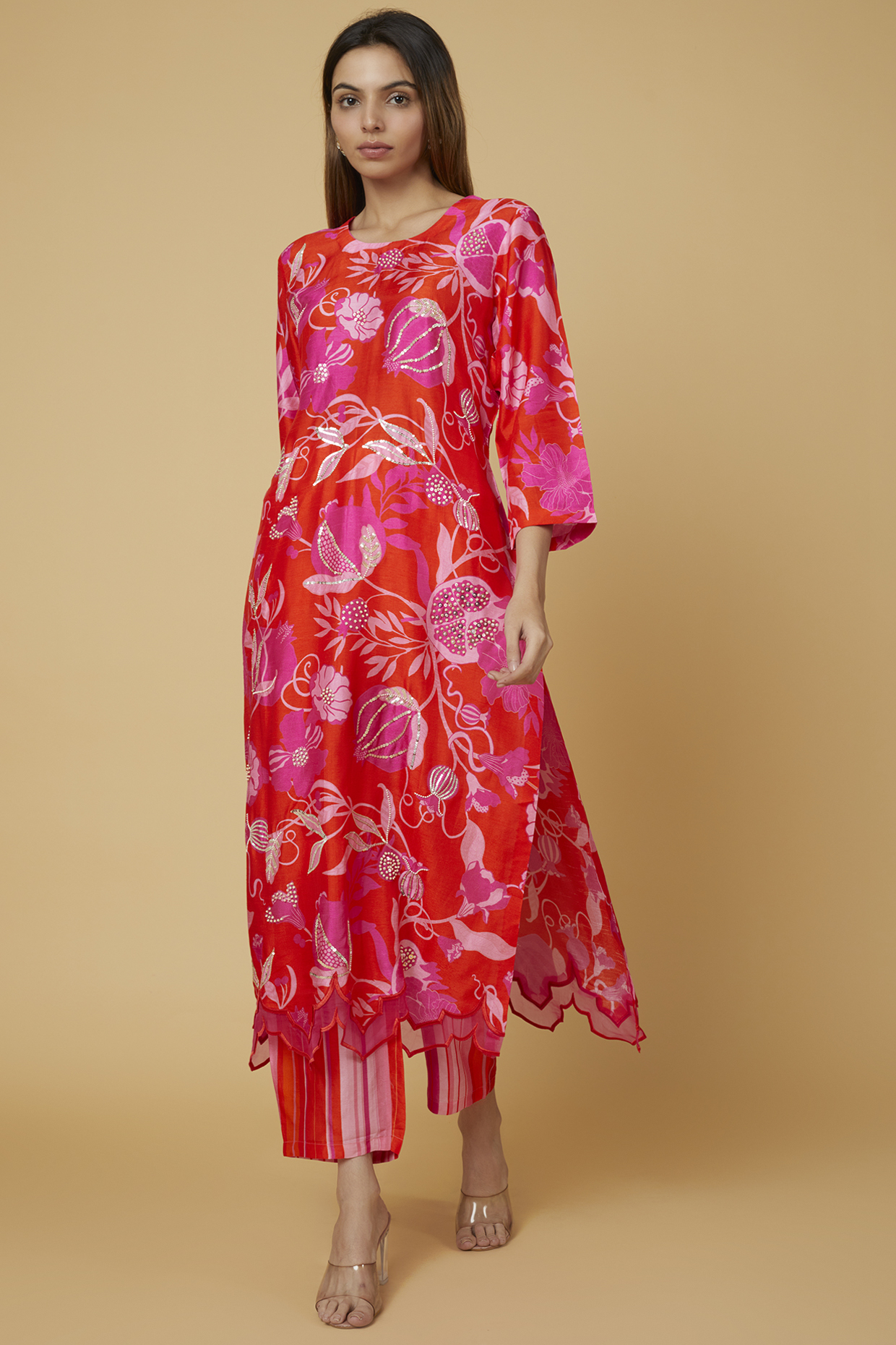 Red Tropical Printed Kurta Set by Archana Shah at Pernia's Pop Up Shop
