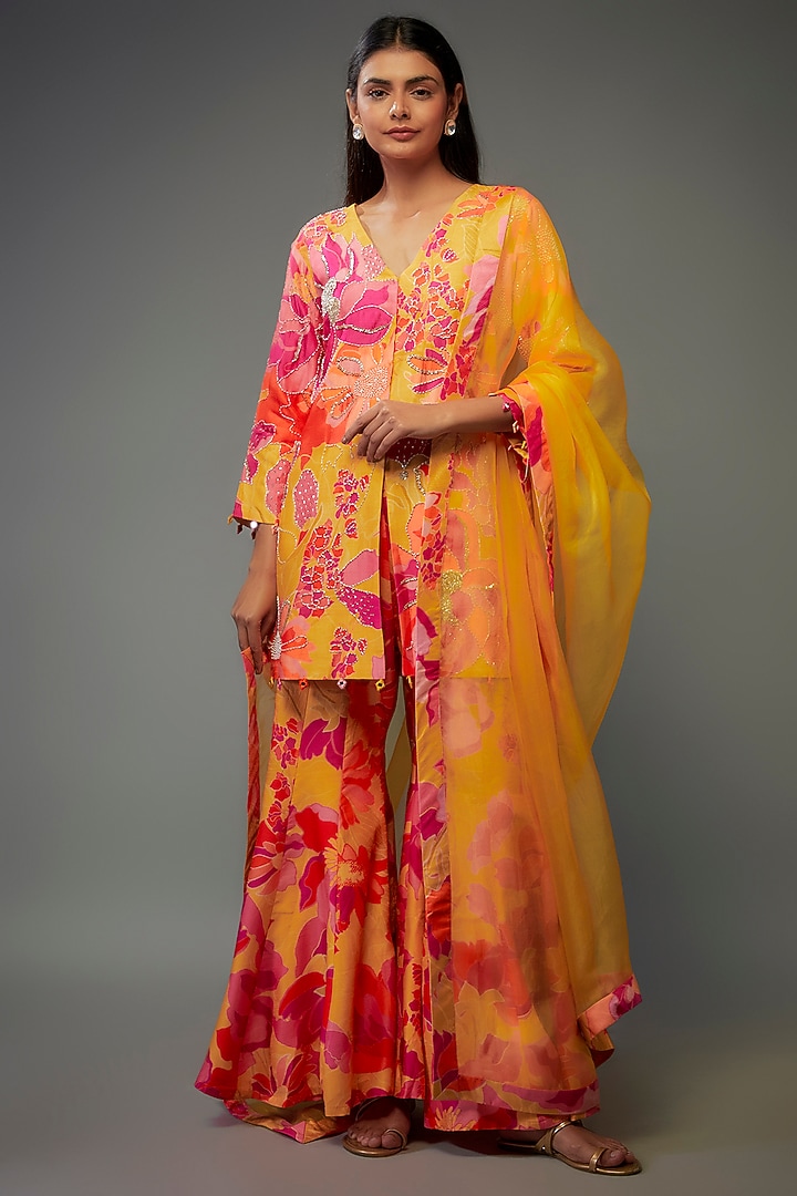 Yellow Bemberg Silk Digital Printed Wedding Sharara Set by Archana Shah at Pernia's Pop Up Shop