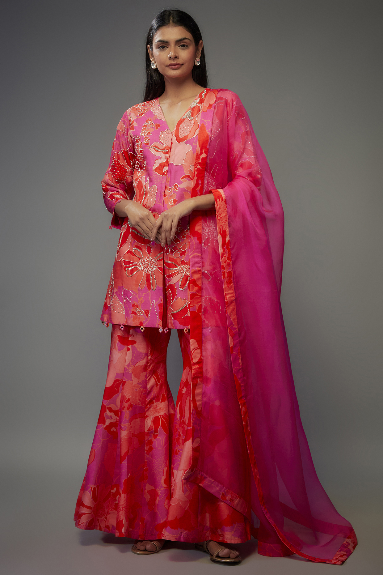 Fuchsia Bemberg Silk Digital Printed Wedding Sharara Set by Archana Shah at Pernia's Pop Up Shop