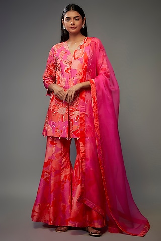 Fuchsia Bemberg Silk Digital Printed Sharara Set by Archana Shah
