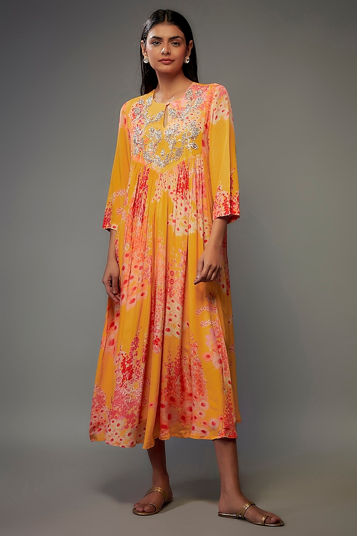 Yellow Bemberg Crepe Sequins Hand Embroidered Dress by Archana Shah