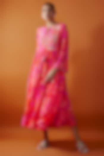 Fuchsia Bemberg Silk Printed Maxi Dress by Archana Shah