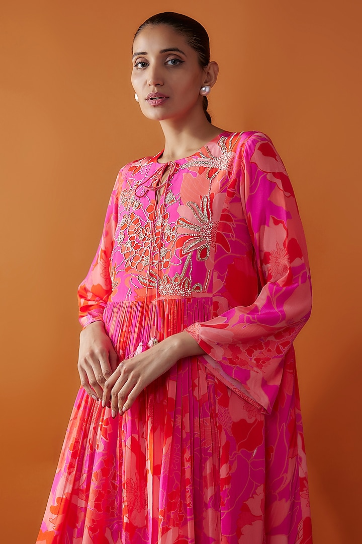 Fuchsia Bemberg Silk Printed Maxi Vacation Dress by Archana Shah at Pernia's Pop Up Shop