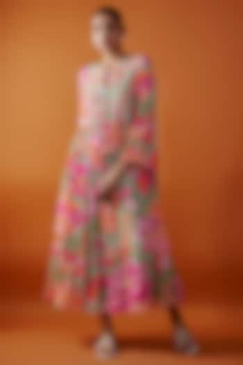 Multi-Colored Bemberg Silk Printed Maxi Dress by Archana Shah