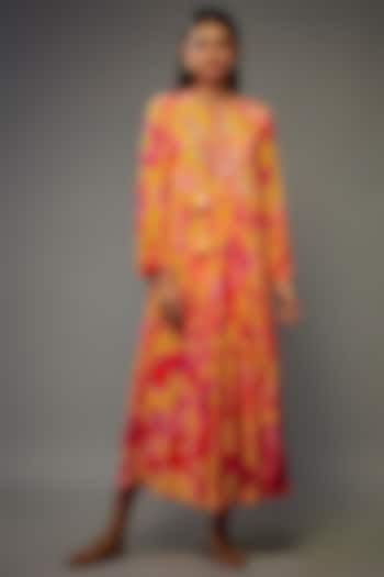 Yellow Bemberg Silk Digital Printed & Zardosi Hand Embroidered Maxi Vacation Dress by Archana Shah at Pernia's Pop Up Shop