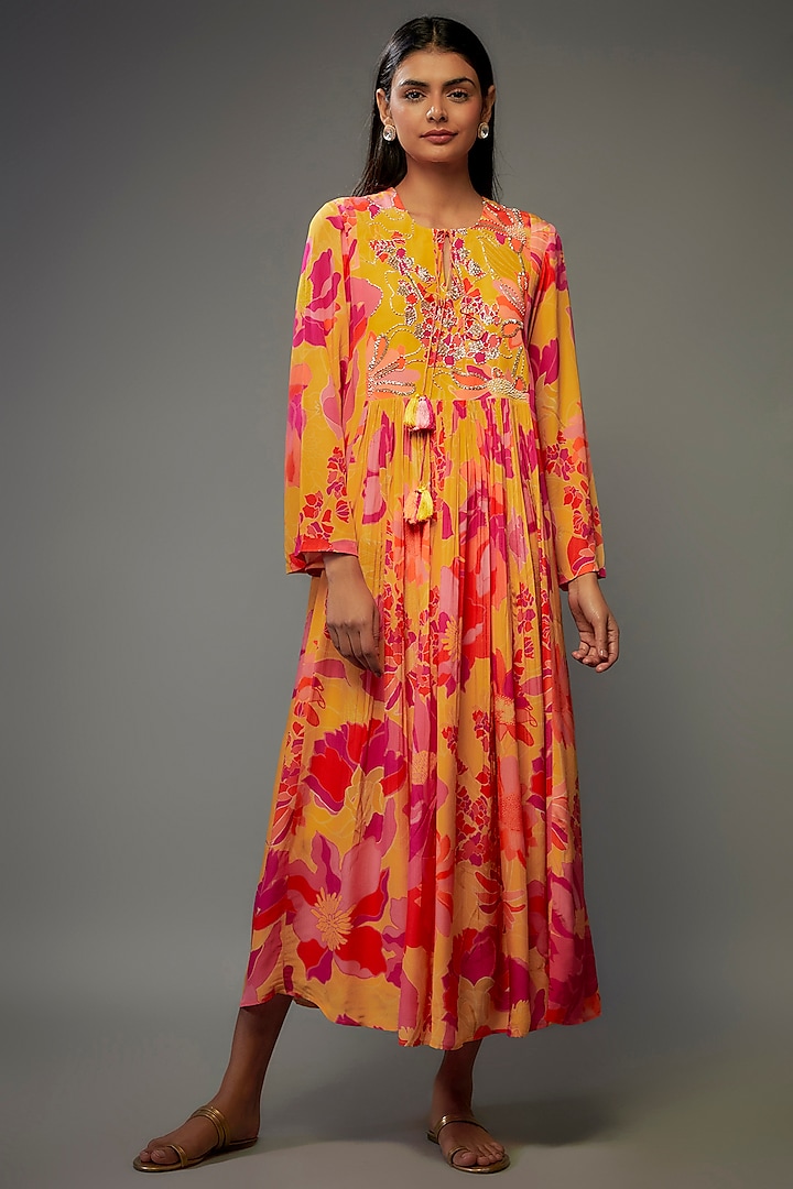 Yellow Bemberg Silk Digital Printed & Zardosi Hand Embroidered Maxi Vacation Dress by Archana Shah at Pernia's Pop Up Shop