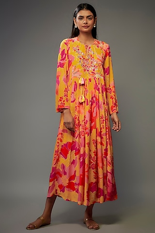 Yellow Bemberg Silk Digital Printed & Zardosi Hand Embroidered Maxi Dress by Archana Shah