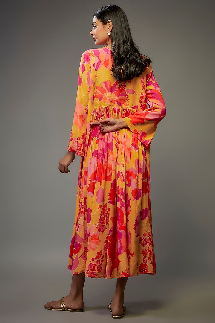 Yellow Bemberg Silk Digital Printed & Zardosi Hand Embroidered Maxi Vacation Dress by Archana Shah at Pernia's Pop Up Shop