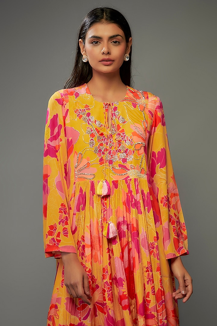 Yellow Bemberg Silk Digital Printed & Zardosi Hand Embroidered Maxi Vacation Dress by Archana Shah at Pernia's Pop Up Shop