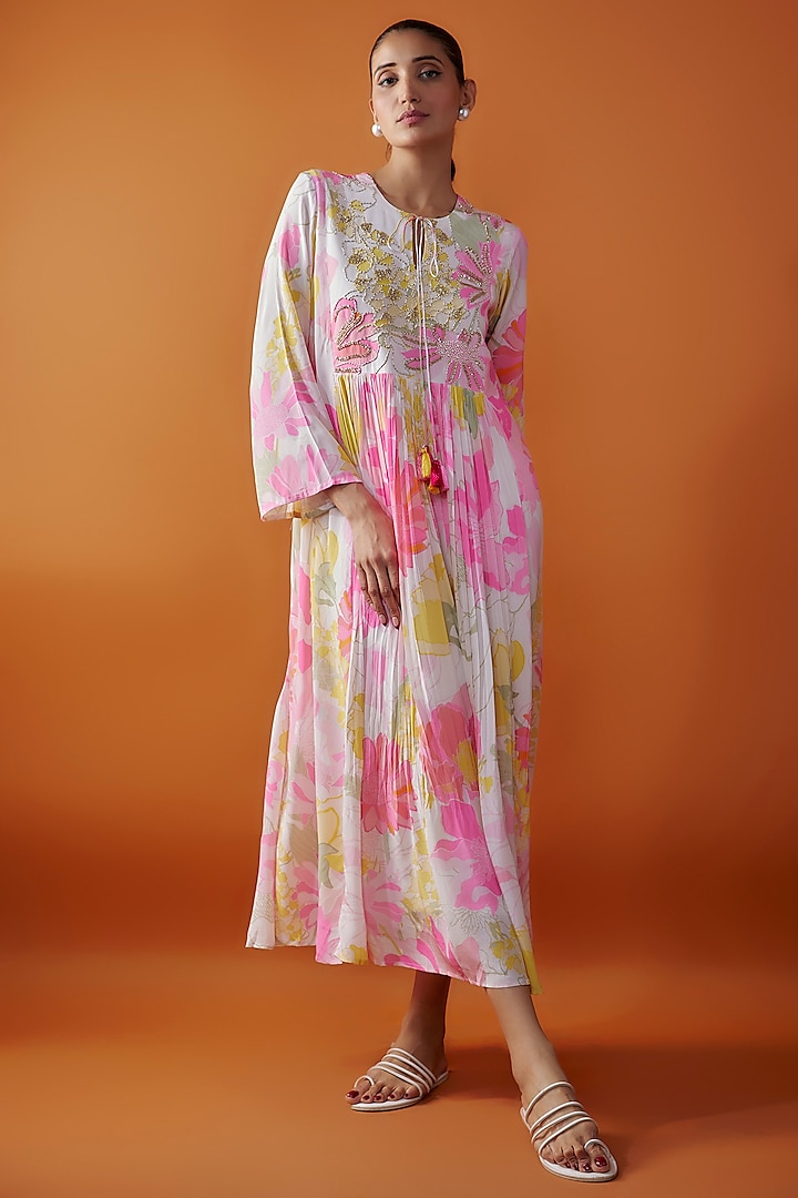 Ivory Bemberg Silk Printed Maxi Dress by Archana Shah