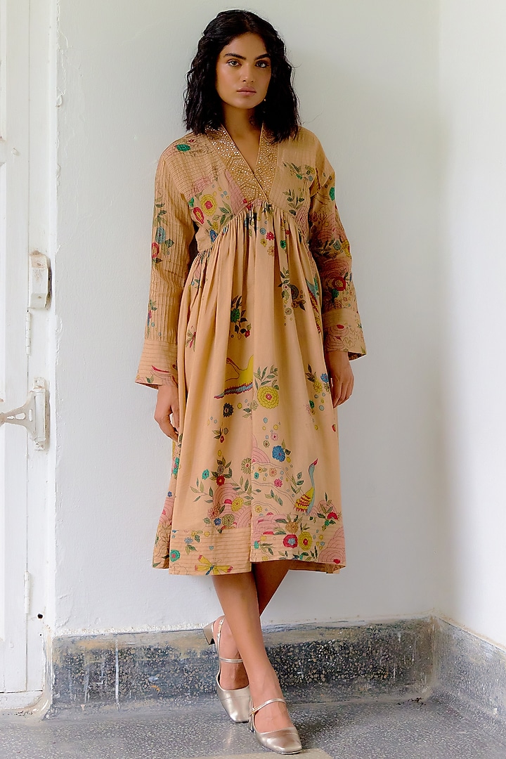 Almond Handspun Cotton Hand Painted & Embroidered Dress by Archana Jaju