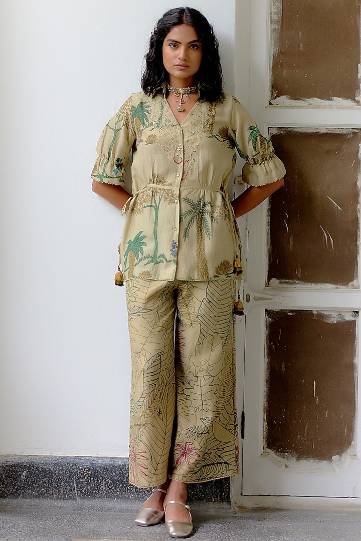 Sage Ivory Handspun Cotton Hand Painted & Embroidered Co-Ord Set by Archana Jaju at Pernia's Pop Up Shop