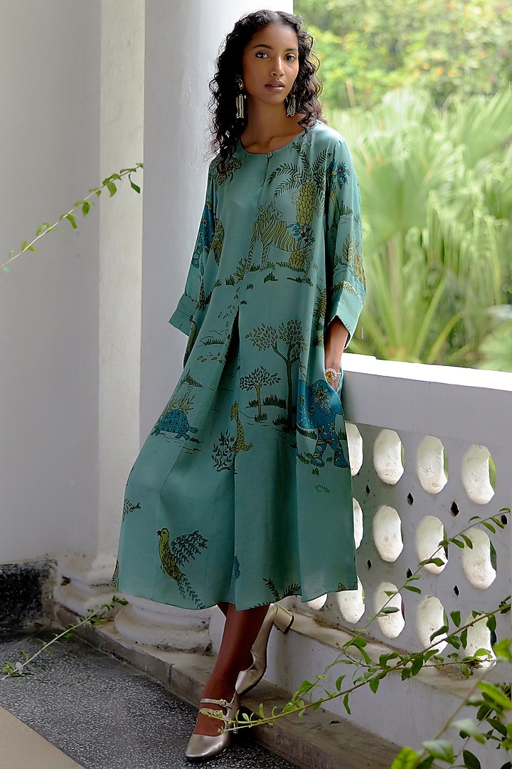 Aqua Satin Silk Hand Painted Dress by Archana Jaju