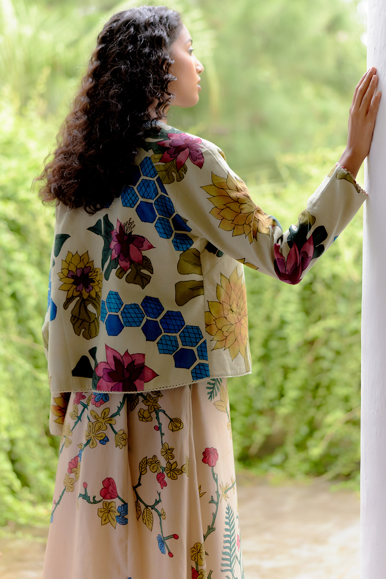 Ivory Rose Linen Hand Painted Jacket Dress Design by Archana