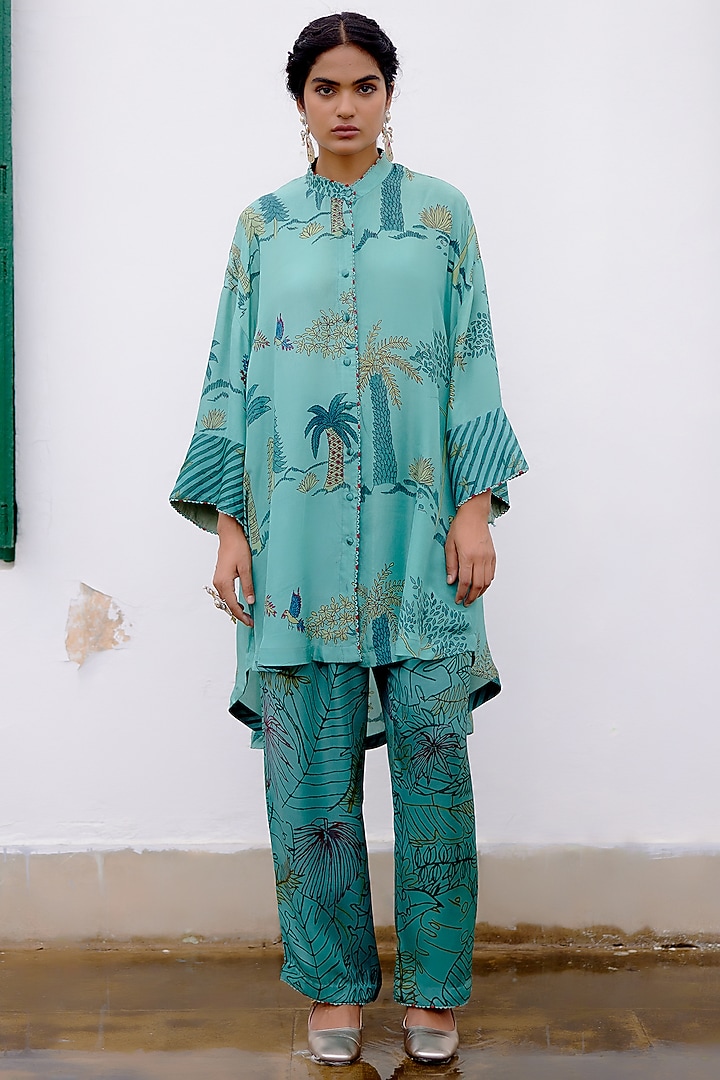 Aqua Soft Silk Hand-Painted Oversized Co-Ord Set by Archana Jaju at Pernia's Pop Up Shop