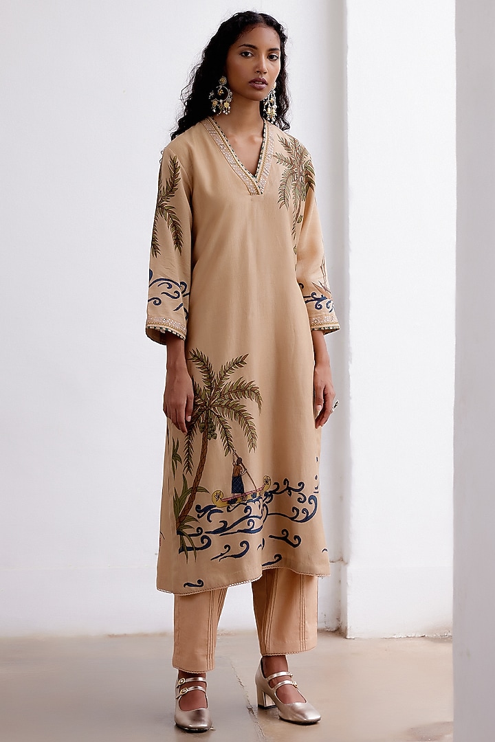 Almond Handspun Cotton Hand-Painted Kurta Set by Archana Jaju at Pernia's Pop Up Shop