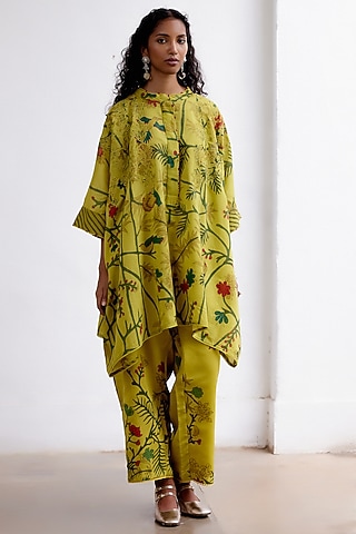 Mustard Handspun Cotton Hand-Painted Kaftan Set by Archana Jaju