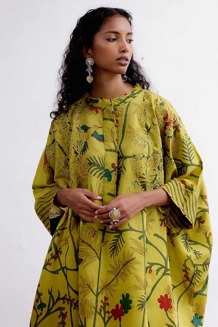 Mustard Handspun Cotton Hand-Painted Kaftan Set by Archana Jaju at Pernia's Pop Up Shop