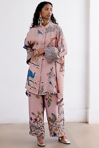 Rose Pink Soft Silk Hand-Painted Oversized Kurta Set by Archana Jaju