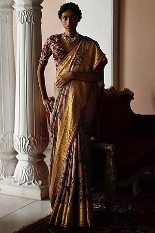Rose Wood Pink Hand Painted Saree Set by Archana Jaju