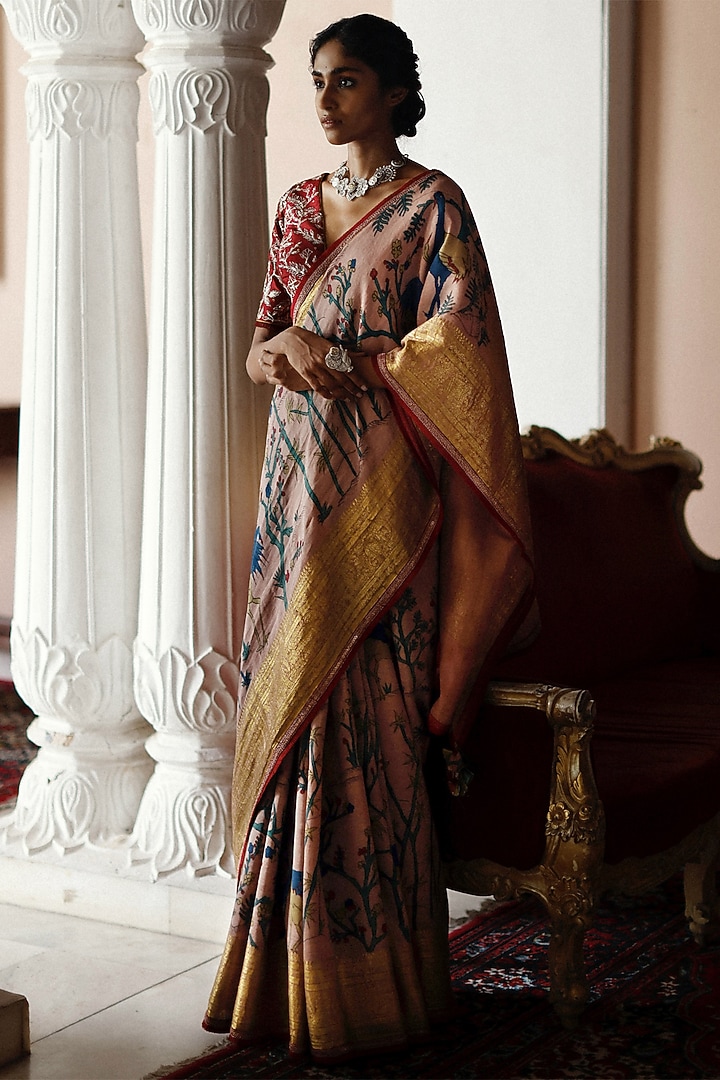 Rose Wood Pink Hand Painted Bridal Saree Set by Archana Jaju at Pernia's Pop Up Shop